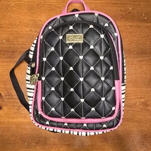 Betsey Johnson Black and Pink Quilted Backpack with Glossy Finish